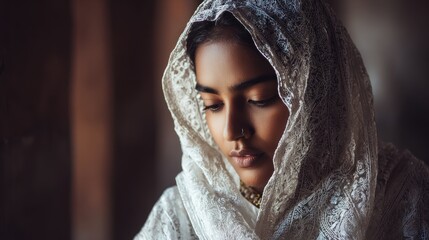 Serene Portrait of a Woman in Traditional White Lace Veil with Tranquility