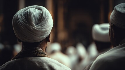 Serene Gathering: Devotees in Traditional Turbans, Embracing Spiritual Unity