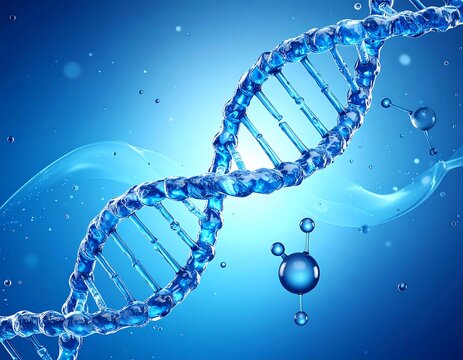 Illustration of a double-helix DNA strand with blue hues and spherical molecular structures