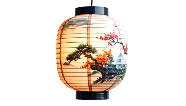 Painted Asian paper lantern illuminates in darkness
