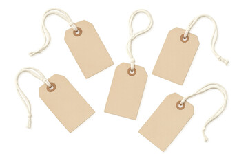 Blank paper price tags with string in a flat lay arrangement, creating space for custom text and branding on transparent background
