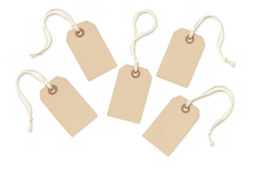 Blank paper price tags with string in a flat lay arrangement, creating space for custom text and branding on transparent background