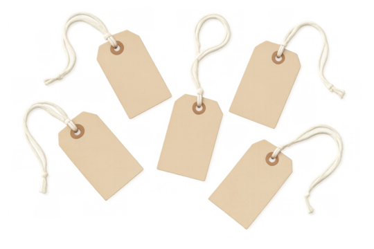 Blank paper price tags with string in a flat lay arrangement, creating space for custom text and branding on transparent background