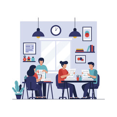 Diverse group of people collaborating and learning in a bright study room.