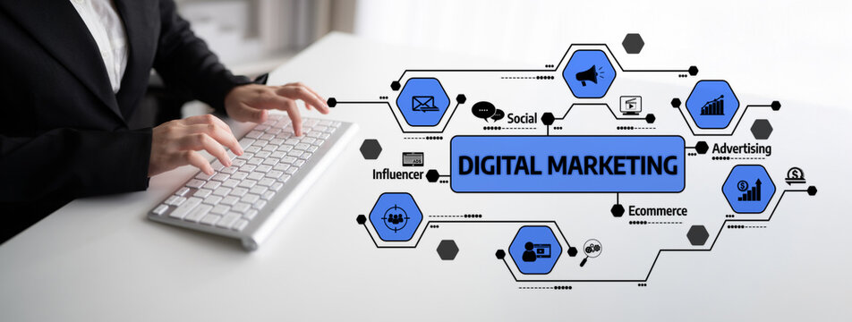 A professional workspace featuring hands typing on a keyboard, symbolizing digital marketing efforts with icons representing social media, advertising, and ecommerce strategies. Tessel