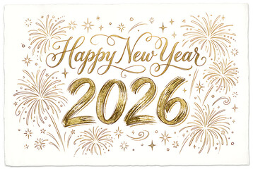 Happy New Year 2026 vector illustration. Golden painted text effect with calligraphic brush stroke. Festive background for New Year's Eve celebration with fireworks.