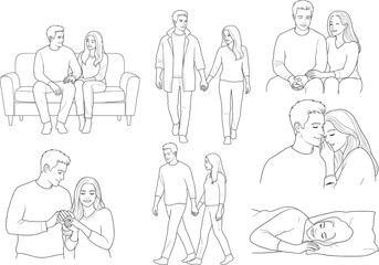 Romantic couple relationship moments illustration set showing love, affection, bonding, caring gestures and everyday intimacy in sweet line art drawings