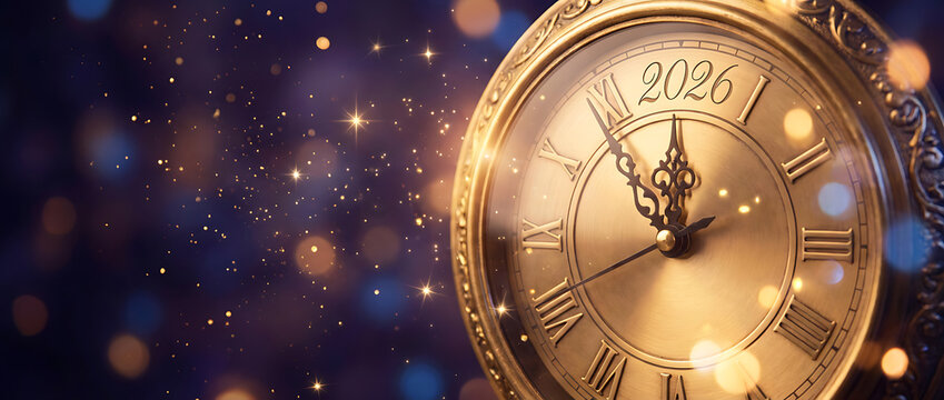 happy new year 2026 countdown clock on abstract glittering midnight sky with copy space, festive party invitation card concept for new years eve