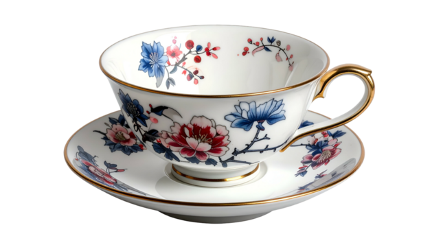 Floral teacup and saucer, adorned with blue and red blossoms