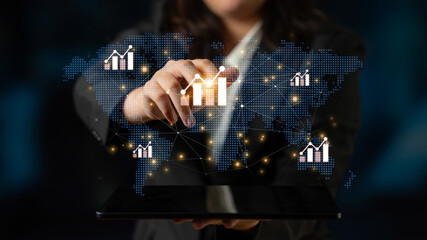 Visualization of global economic growth and stock market data. Financial chart analysis shows international business performance and investment opportunities in the world market. Fermion