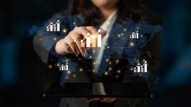 Visualization of global economic growth and stock market data. Financial chart analysis shows international business performance and investment opportunities in the world market. Fermion