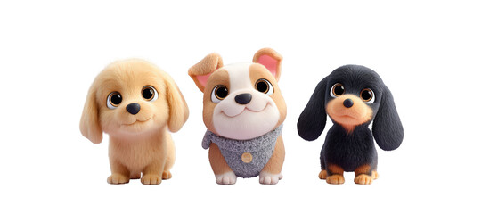 Obraz premium Three adorable cartoon puppies with distinct features, sitting together in a playful pose against a neutral background