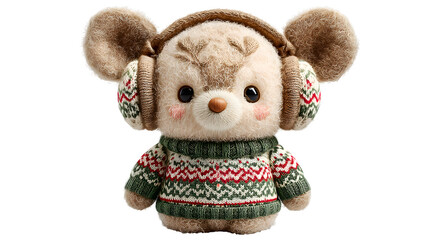Adorable plush toy bear wearing cozy Christmas sweater and earmuffs for holiday cheer