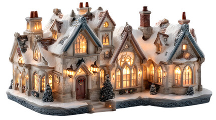 Charming snow-covered cottage aglow with warm light, perfect for cozy winter holiday scenes