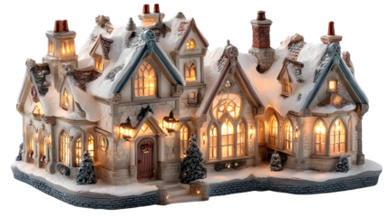 Charming snow-covered cottage aglow with warm light, perfect for cozy winter holiday scenes