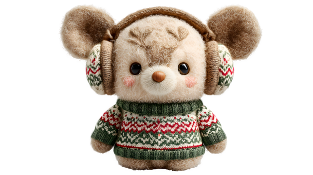 Adorable plush toy bear wearing cozy Christmas sweater and earmuffs for holiday cheer