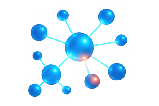 Abstract molecule structure showing atoms connecting, network science, chemistry, and technology concepts on transparent background