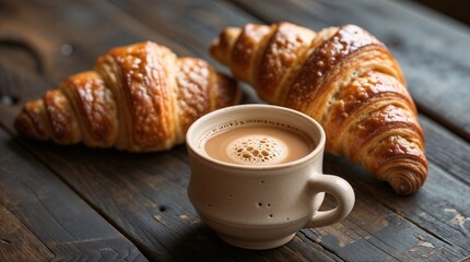 Fresh croissants served with coffee on a rustic table for a delightful breakfast