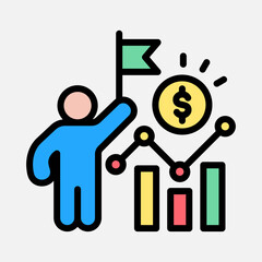 A colorful icon depicting a person holding a flag, symbolizing achievement and leadership, alongside a financial graph with a dollar coin, representing business growth and success.