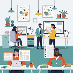 Diverse team of professionals collaborating in a modern office environment.