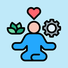 A colorful illustration of a person meditating with symbols of heart, nature, and logic, representing holistic well-being and balance.