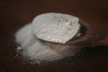 Natural sweetener, Stevia, Xylitol, Erythritol, Sugar. Sweetener on a wooden table with a wooden...