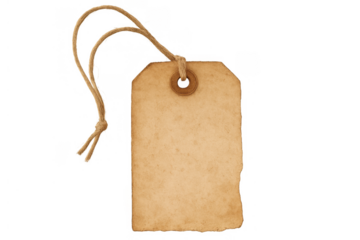 Blank vintage paper tag with twine string and rustic worn texture for labeling and pricing products