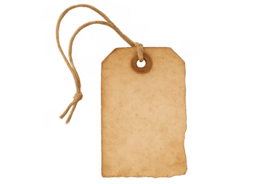 Blank vintage paper tag with twine string and rustic worn texture for labeling and pricing products