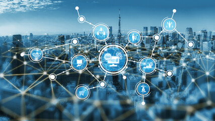 A modern urban skyline image illustrating digital network connections that symbolize innovation and data management in contemporary city development. Tessel