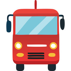 Red Bus Front View With Blue Windshield Yellow Headlights and Black Tires On Transparent Background