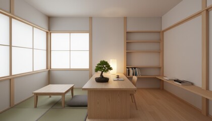 Minimalist Japanesestyle Room with Bonsai and Shoji Windows