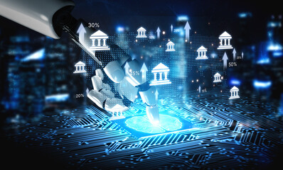 Obraz premium AI drives fintech innovation with smart assistants and banking tools to optimize online finance, mobile banking, and customer experience. Artificial intelligence spline