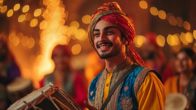 Joyful Musician Playing Dhol Drum at Traditional Indian Wedding Ceremony