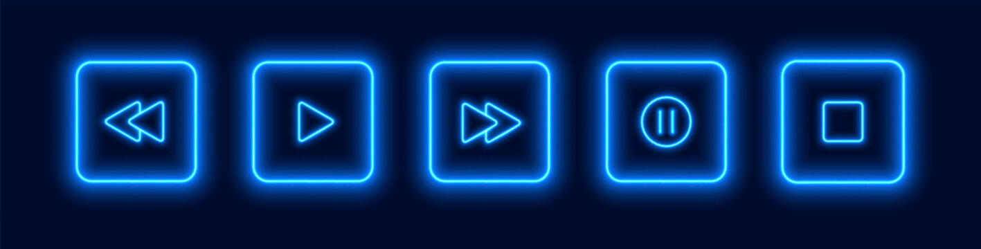 Neon media player buttons. Blue glowing audio control icons. Interface elements for music or video streaming service. Vector illustration.