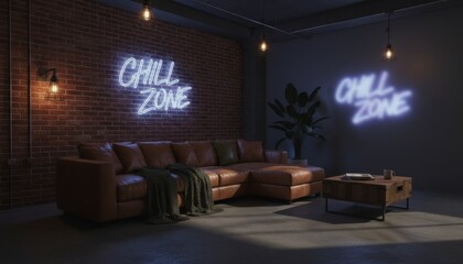 Cozy Modern Living Room with Neon Chill Zone Sign