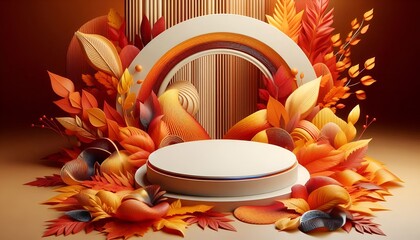 Abstract warm color palette autumn scene with orange, red, & yellow autumn leaf motifs & podium product display stand 3d rendering Fall season sales promotion Thanksgiving showcasing products designs 