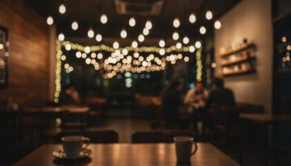 Cozy Café Interior with Warm Lighting and Wooden Decor