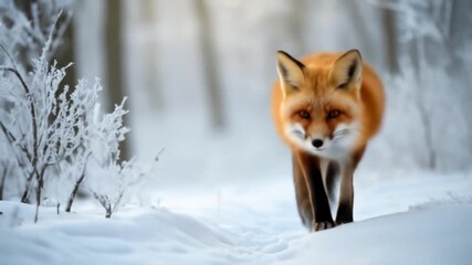 A red fox strides purposefully toward the viewer through a snowy winter forest scene - Powered by Adobe