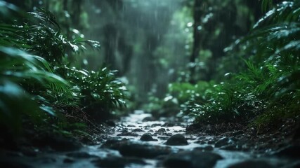 A rain-soaked jungle path, verdant foliage flanking a rocky stream under a hazy sky - Powered by Adobe