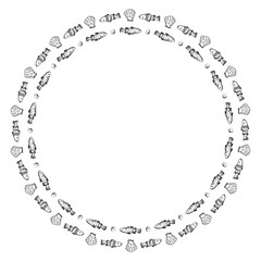 A black and white wreath template with fish and shells. Monochrome ink illustration in a simple style. A frame for World Fishing Day cards, tableware, and other printed materials.