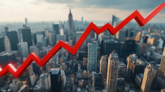 A red zig-zag graph trending upwards, against a blurred cityscape backdrop