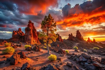 Fototapeta premium A solitary tree stands resilient amidst fiery sunset hues, casting long shadows across a rugged volcanic landscape of dark rocks and earthy tones, creating a dramatic and awe-inspiring scene.