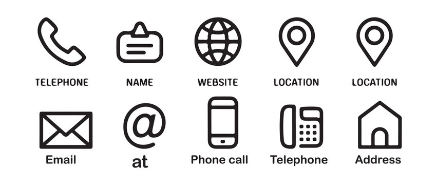 Contact information icons, telephone name website location and email symbols black white set