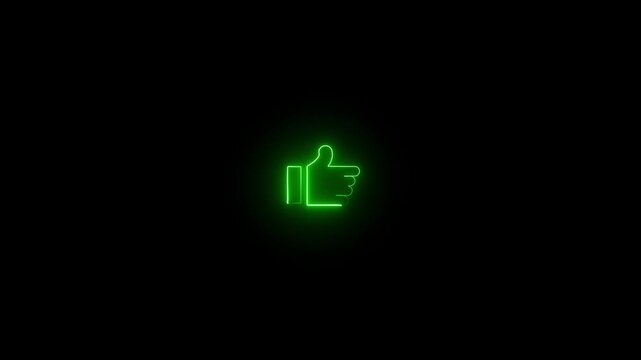 Neon Green Thumbs Up Icon Glowing on Black Background Keywords: thumbs up, like, social media, icon, symbol, approval, agreement, positive, feedback, gesture, hand, success, recognition