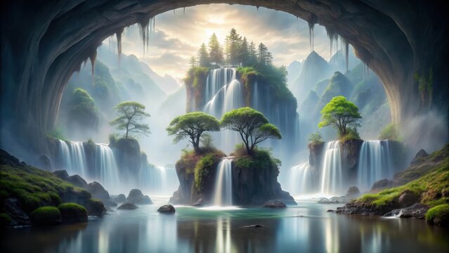 Serene Waterfall Oasis Hidden Within a Mystical Cave, Lush Greenery and Cascading Water Create a Tranquil Escape