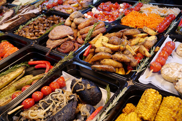 Various hot food in outdoor fast food restaurant