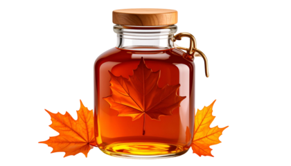 Amber liquid in glass jar w/ maple leaf & leaves