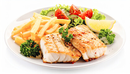 Fried fish fillet, French fries with vegetables. AI