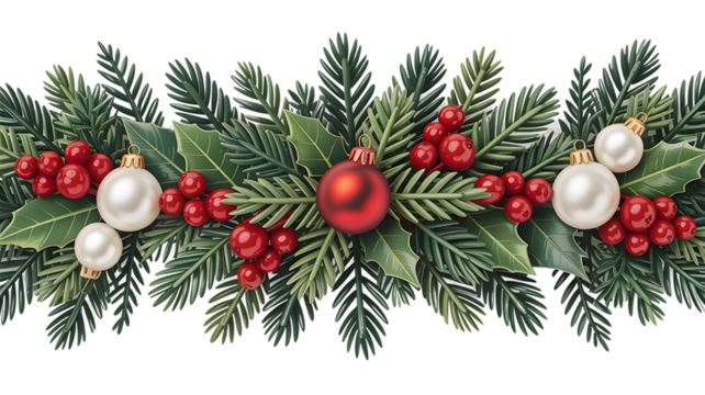 Holiday Greenery Border with Berries and Baubles