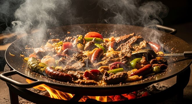Rustic shot of Entrevero (meat mix) cooking in a 'disco de arado'. Smoky light high energy.